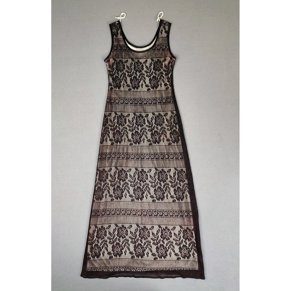 Vintage Jessica Howard Floral Lace Maxi Dress Size 6 Black Sleeveless Gown USA
